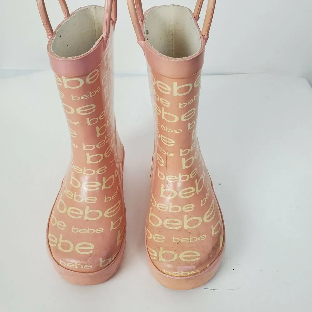 Bebe Kids‎ Girls Rain Boots Toddler Size 9-10 White Pink Pull-On GUC